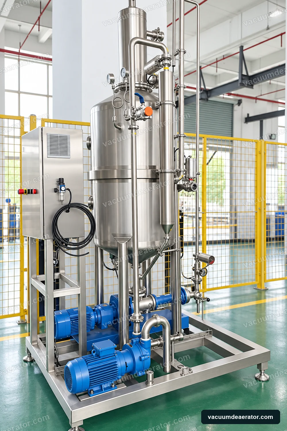 Skid-mounted food deaerator with vertical vessel and pump set