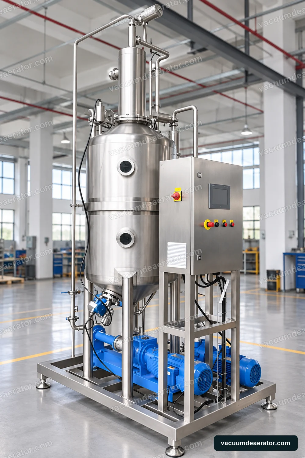 Food deaerator vessel, control enclosure and connected pumps